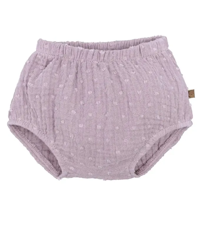 Pololo Bebé Malva algodón bambula fruncido cintura elástica volumen suave bebé en fondo blanco