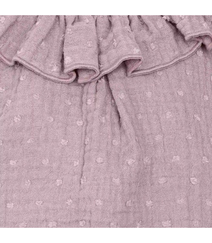 Detalles del diseño del Pelele Bebé Malva algodón bambula cuello volante fruncido detalle botones inferiores