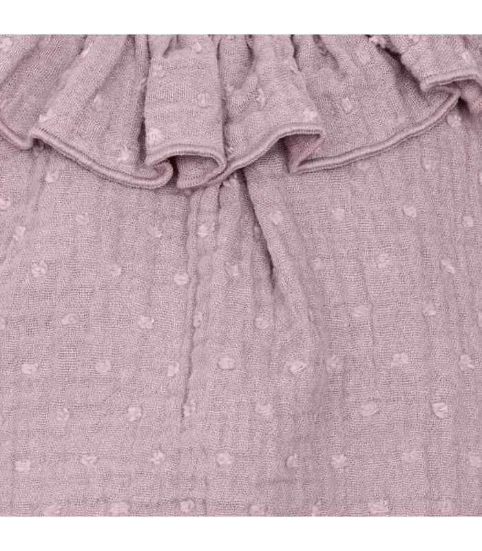 Detalles del diseño del Pelele Bebé Malva algodón bambula cuello volante fruncido detalle botones inferiores