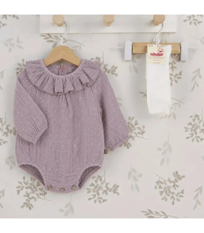 Pelele Bebé Malva algodón bambula cuello volante fruncido detalle botones inferiores