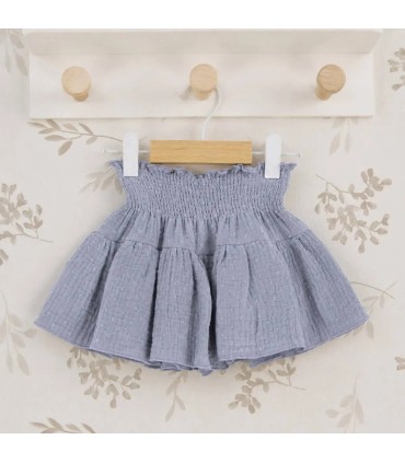 Falda Pantalon Niña Denim algodón bambula cintura elástica fruncida vuelo ligero