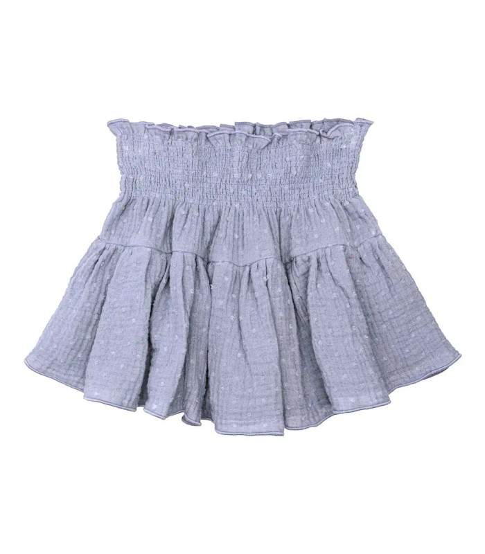 Falda Pantalon Niña Denim algodón bambula cintura elástica fruncida vuelo ligero en fondo blanco