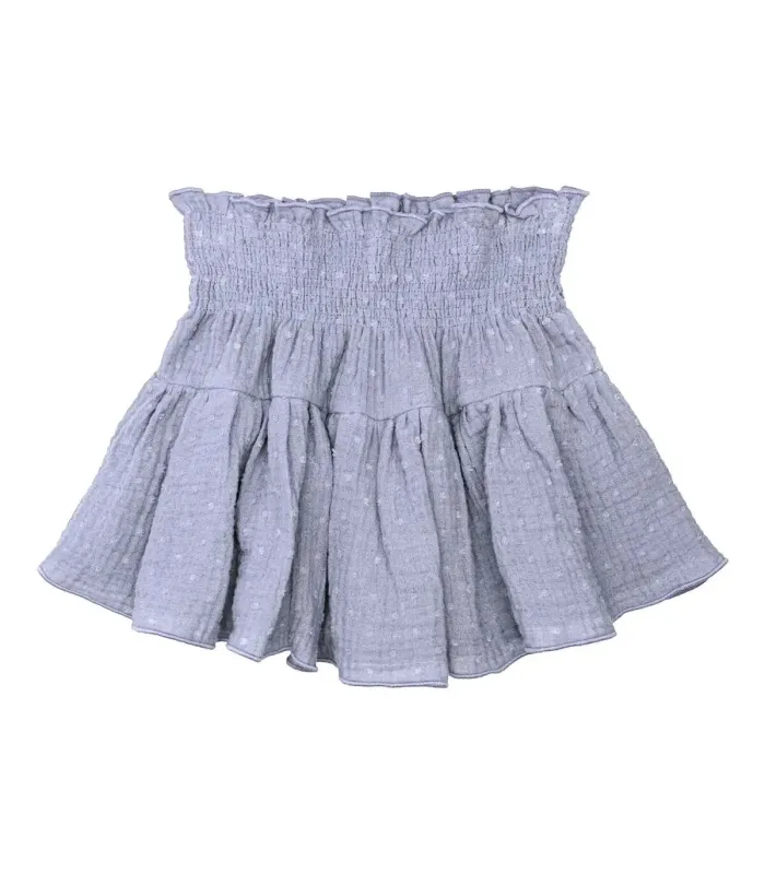 Falda Pantalon Niña Denim algodón bambula cintura elástica fruncida vuelo ligero en fondo blanco