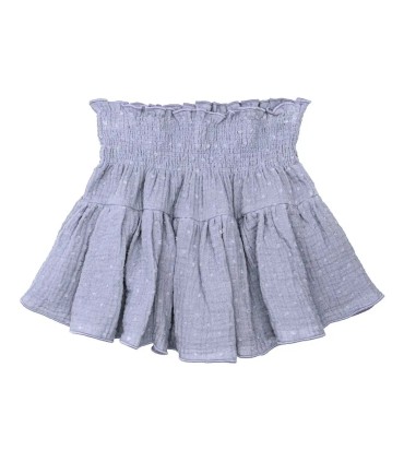 Falda Pantalon Niña Denim algodón bambula cintura elástica fruncida vuelo ligero en fondo blanco