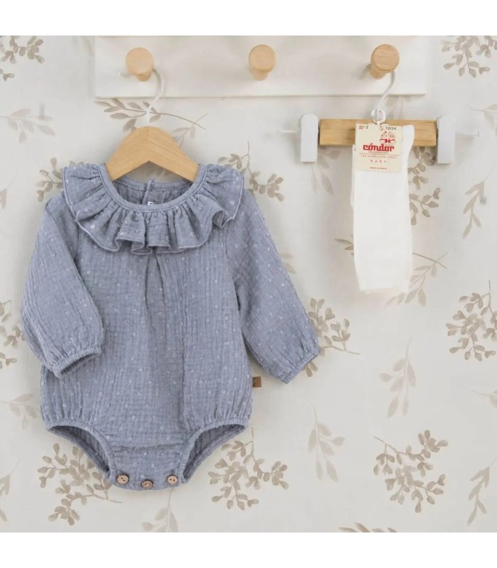 Pelele Bebé Denim algodón bambula cuello volante fruncido detalle botones inferiores