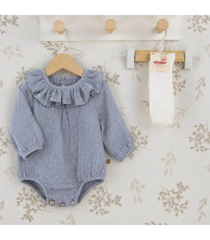 Pelele Bebé Denim algodón bambula cuello volante fruncido detalle botones inferiores