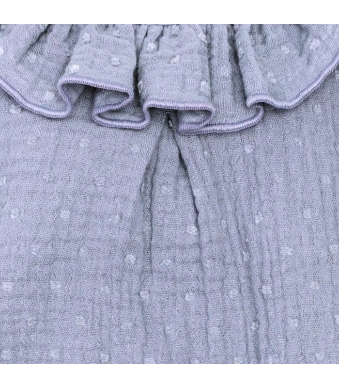 Detalles del diseño del Pelele Bebé Denim algodón bambula cuello volante fruncido detalle botones inferiores
