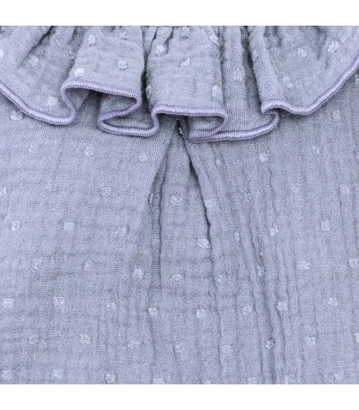 Detalles del diseño del Pelele Bebé Denim algodón bambula cuello volante fruncido detalle botones inferiores
