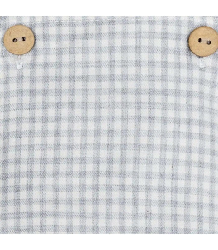 Detalles del peto bebé gris vichy algodón tirantes botones madera textura suave clásico