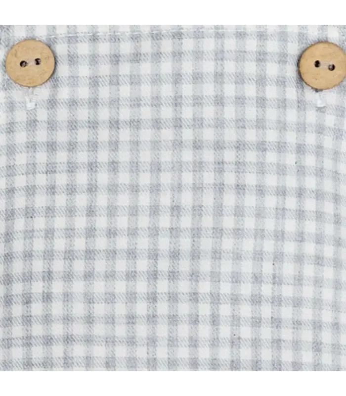 Detalles del peto bebé gris vichy algodón tirantes botones madera textura suave clásico