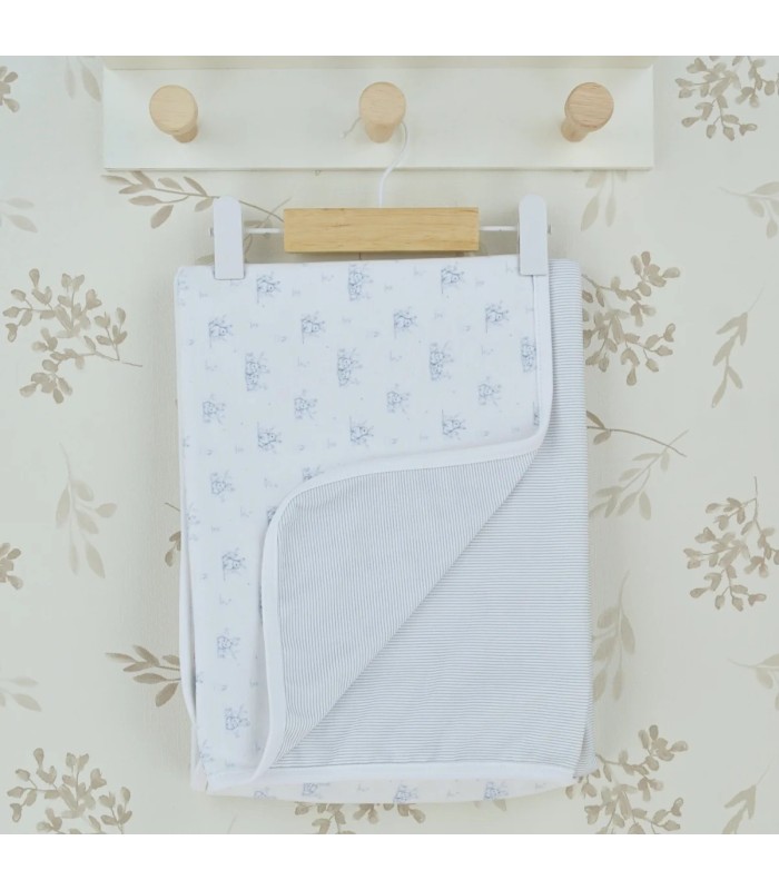Arrullo reversible bebé celeste de algodón con estampado floral y reverso de rayas