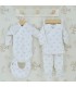 Conjunto nacimiento regalo celeste de algodón con pelele, babero y body estampado