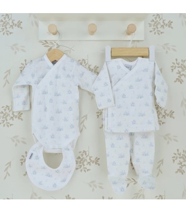 Conjunto nacimiento regalo celeste de algodón con pelele, babero y body estampado