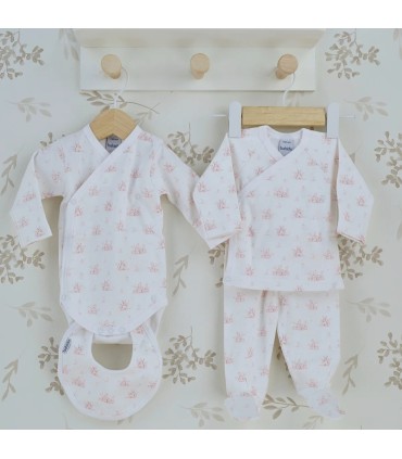 Conjunto nacimiento regalo rosa de algodón con pelele, babero y body estampado