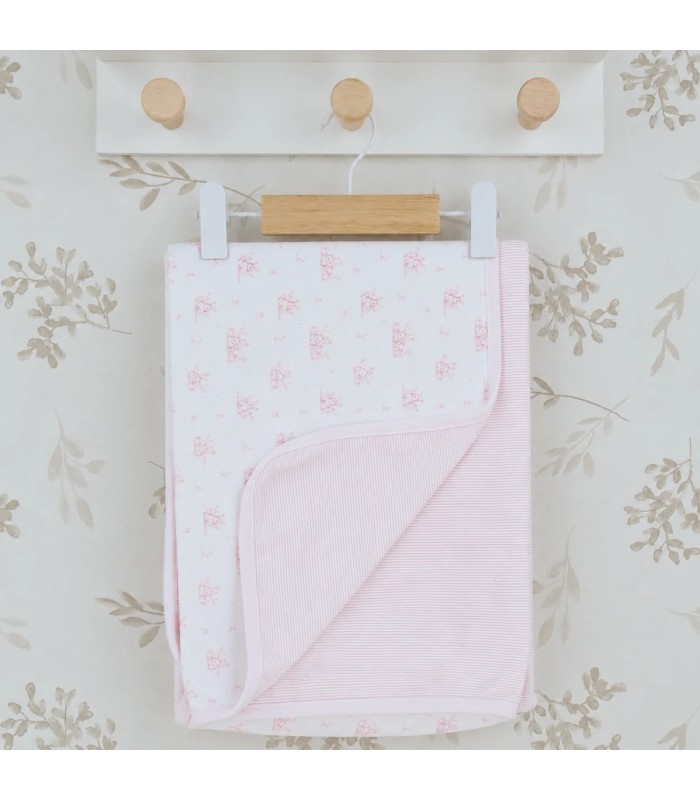 Arrullo reversible bebé rosa de algodón con estampado floral y reverso de rayas