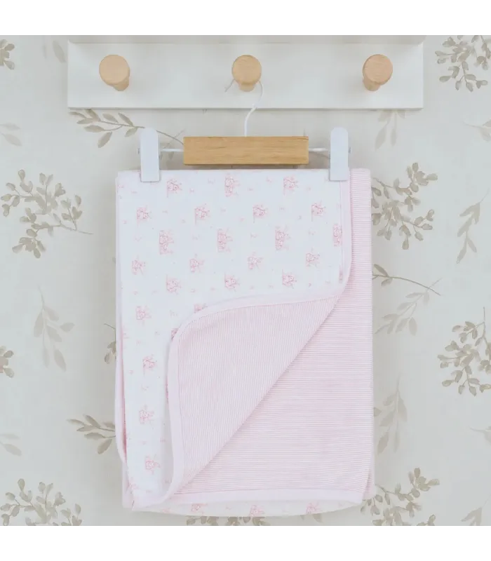 Arrullo reversible bebé rosa de algodón con estampado floral y reverso de rayas
