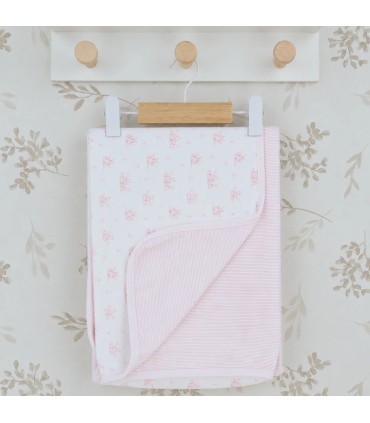 Arrullo reversible bebé rosa de algodón con estampado floral y reverso de rayas