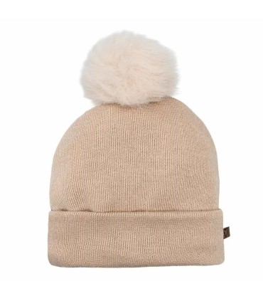 Gorro Bebé Arena tejido suave con pompón de pelo superior diseño cálido invierno en fondo blanco