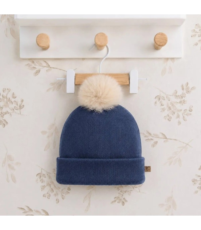 Gorro Bebé Marino tejido suave con pompón de pelo superior diseño clásico invierno