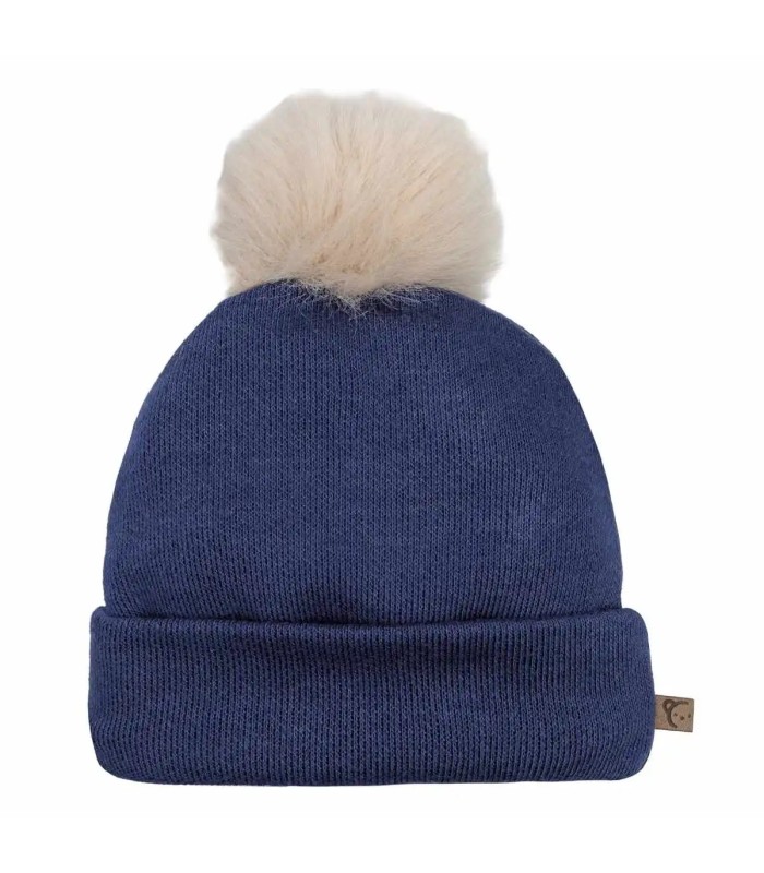 Gorro Bebé Marino tejido suave con pompón de pelo superior diseño clásico invierno en fondo blanco