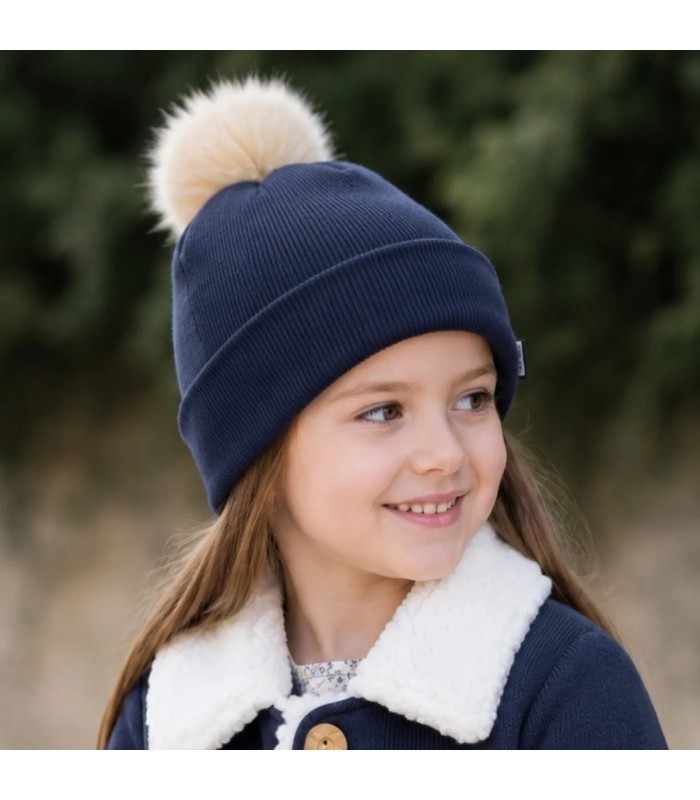 Niña con el Gorro Bebé Marino tejido suave con pompón de pelo superior diseño clásico invierno