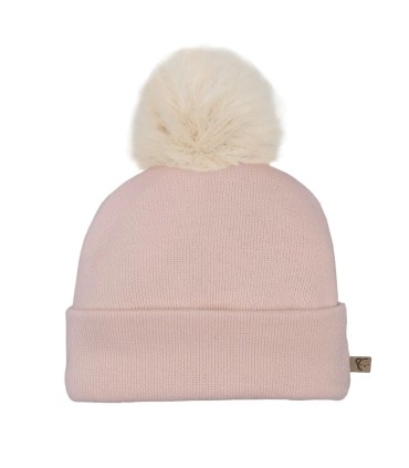 Gorro Bebé Nude tejido suave con pompón de pelo superior diseño elegante invierno en fondo blanco
