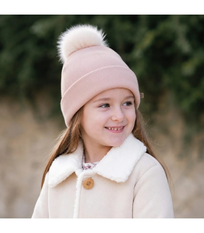 Niña con el Gorro Bebé Nude tejido suave con pompón de pelo superior diseño elegante invierno