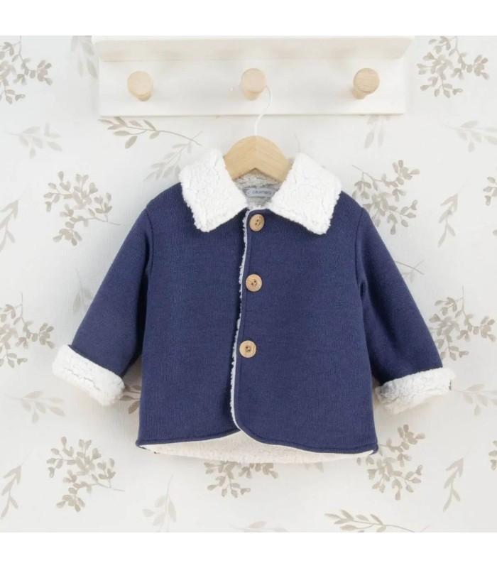 Abrigo Bebé Marino tejido suave con borreguito blanco en cuello y puños diseño clásico elegante invierno