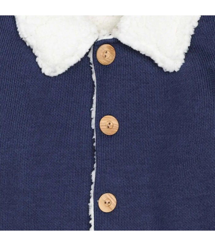 Diseño del Abrigo Bebé Marino tejido suave con borreguito blanco en cuello y puños diseño clásico elegante invierno