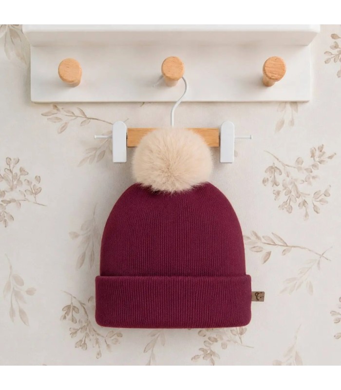Gorro Bebé Granate tejido suave con pompón de pelo superior diseño elegante invierno