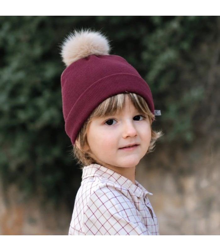 Niño con el Gorro Bebé Granate tejido suave con pompón de pelo superior diseño elegante invierno