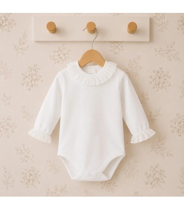 Body bebé blanco con cuello y puños de puntilla de algodón suave Calamaro para recién nacido