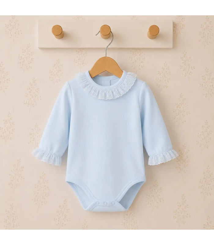 Body bebé celeste con cuello y puños de puntilla de algodón suave Calamaro para recién nacido