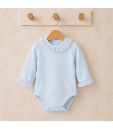 Body bebé celeste con cuello y puños de puntilla de algodón suave Calamaro para recién nacido