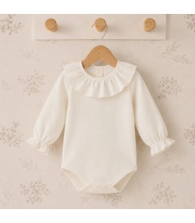 Body para bebé color crudo de algodón con tejido plumetilla, cuello volante y manga larga Calamaro Man