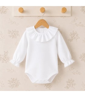 Body para bebé blanco de algodón con tejido plumetilla, cuello volante y manga larga Calamaro Man