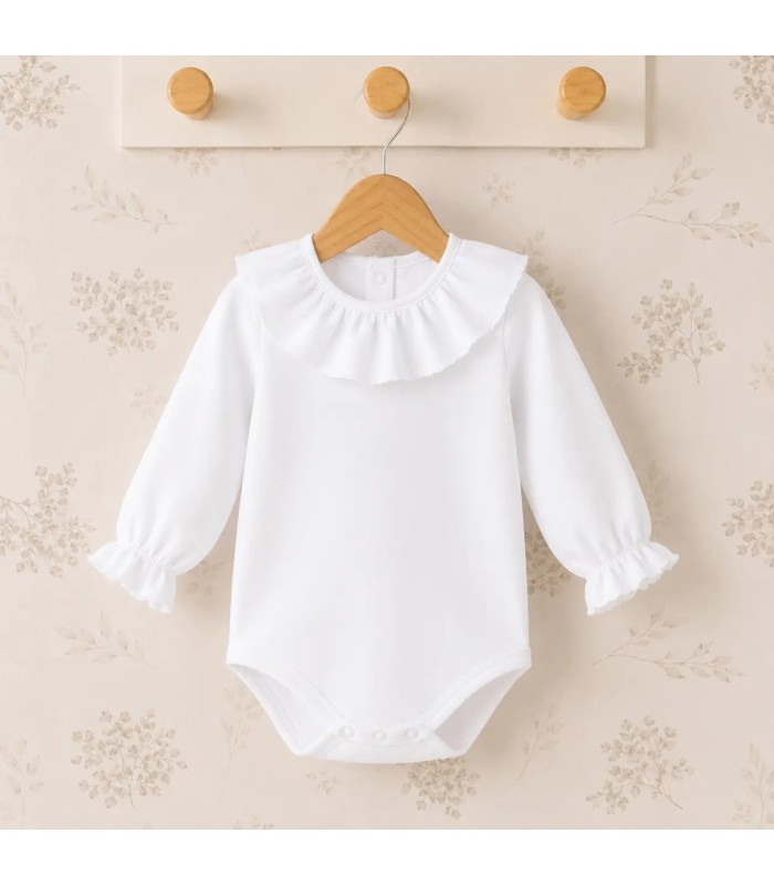 Body para bebé blanco de algodón con tejido plumetilla, cuello volante y manga larga Calamaro Man