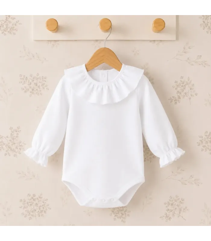 Body para bebé blanco de algodón con tejido plumetilla, cuello volante y manga larga Calamaro Man
