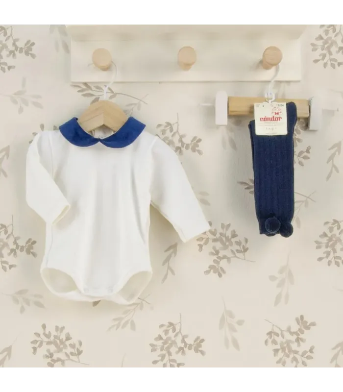 Body Bebe Cuello Marino algodón suave cuello redondeado contraste azul elegante