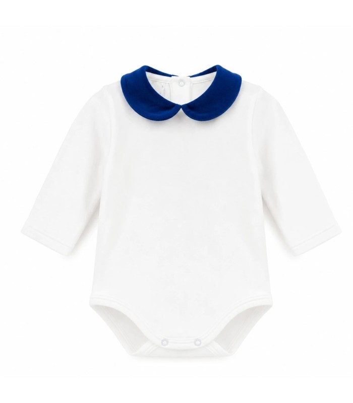 Body Bebe Cuello Marino algodón suave cuello redondeado contraste azul elegante en fondo blanco