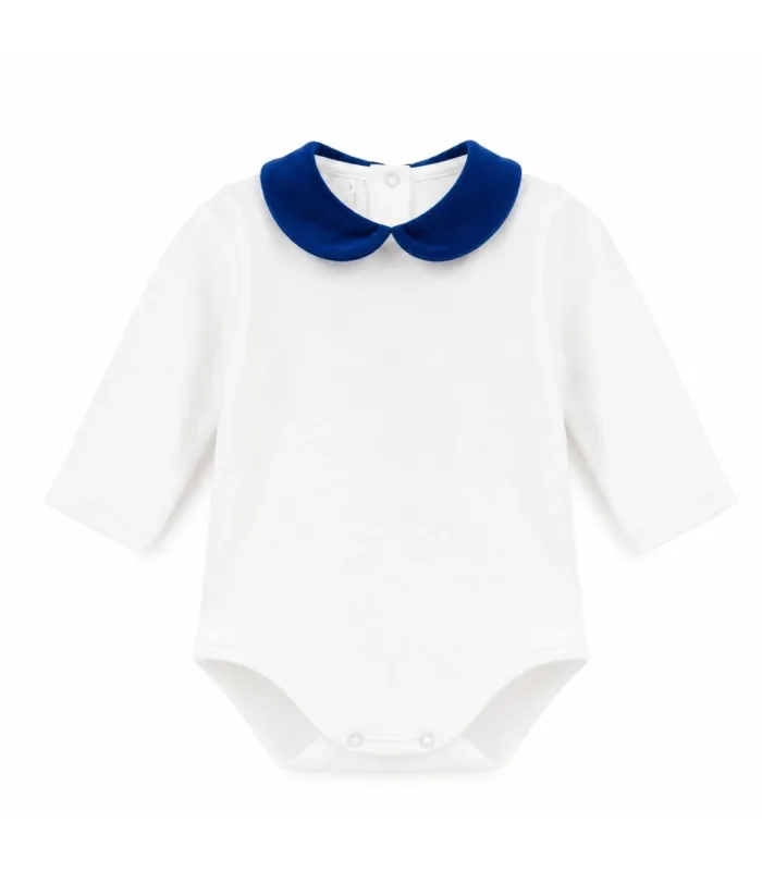 Body Bebe Cuello Marino algodón suave cuello redondeado contraste azul elegante en fondo blanco