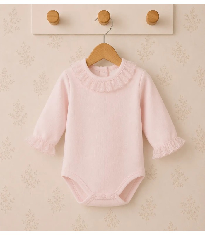 Body para bebé rosa de algodón con cuello de puntilla, manga larga y tejido suave Calamaro Man