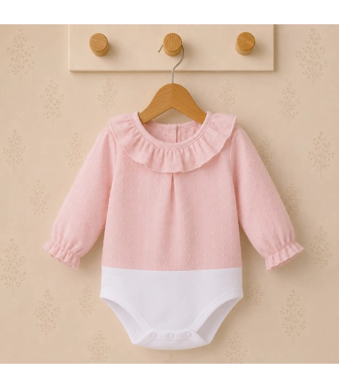 Body camisa para bebé color rosa de algodón con tejido plumeti, cuello volante y manga larga Calamaro