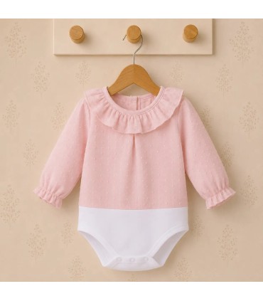 Body camisa para bebé color rosa de algodón con tejido plumeti, cuello volante y manga larga Calamaro