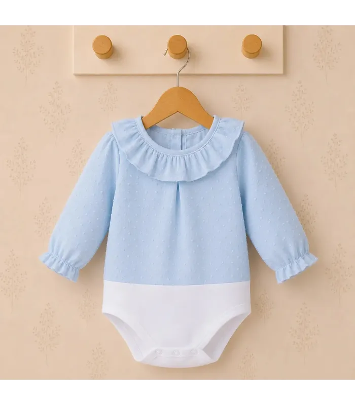 Body camisa para bebé color celeste de algodón con tejido plumeti, cuello volante y manga larga Calamaro