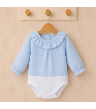 Body camisa para bebé color celeste de algodón con tejido plumeti, cuello volante y manga larga Calamaro