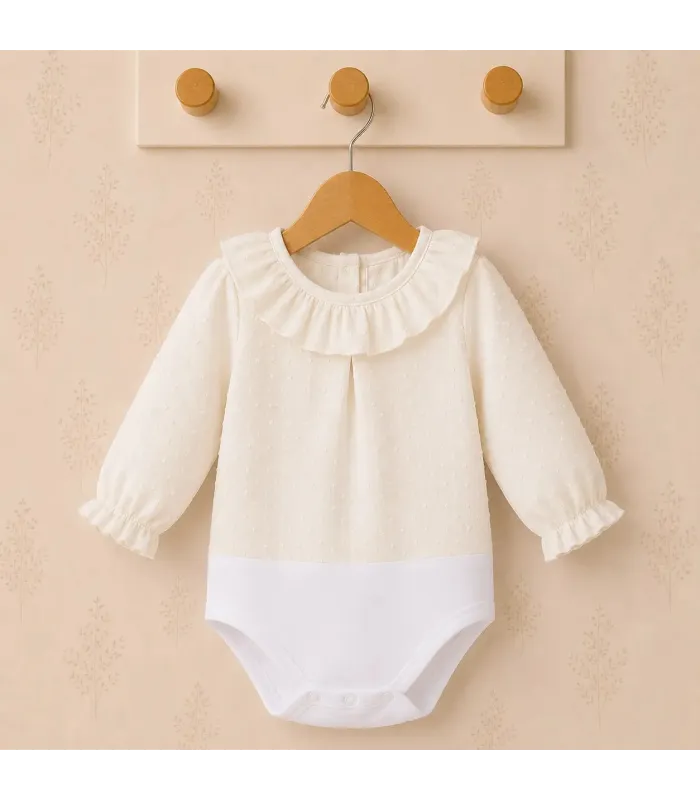Body camisa para bebé color crudo de algodón con tejido plumeti, cuello volante y manga larga Calamaro