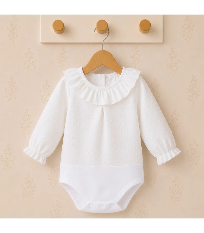 Body camisa para bebé blanco de algodón con tejido plumeti, cuello volante y manga larga Calamaro