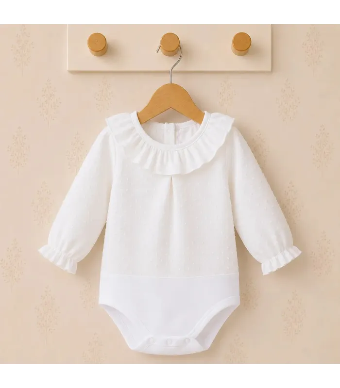 Body camisa para bebé blanco de algodón con tejido plumeti, cuello volante y manga larga Calamaro
