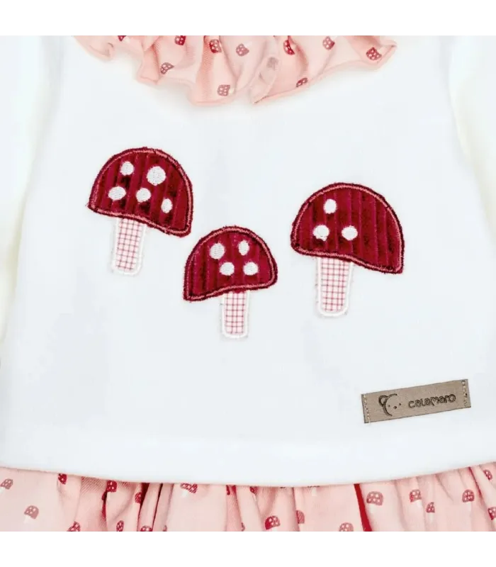Diseño del conjunto pololo bebé rosa empolvado algodón con bordado de setas y cuello fruncido detalle invierno